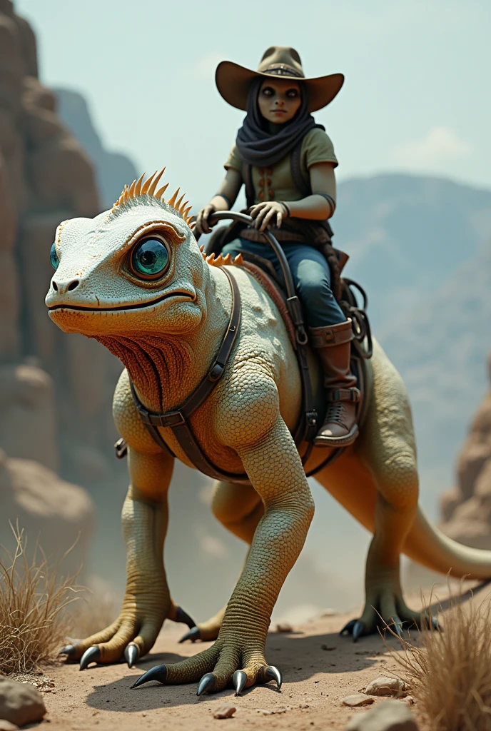 Je veux un écorcheur type Fall out le jeu video melanger avec un caméléon. Moins humanoïde, plus gros. Qui peut servir de monture. Il marche sur quattre pattes et a une selle. Il est agile et rapide. Ses couleurs sont le blanc, le beige, l'orange et le bleu nuit. Un peu plus mignon. Encore plus mignon avec des yeux un peu globuleux, avec plus de bleu nuit dans ses couleur. Et sur le dos il transporte une goule avec un chapeau de cowboy