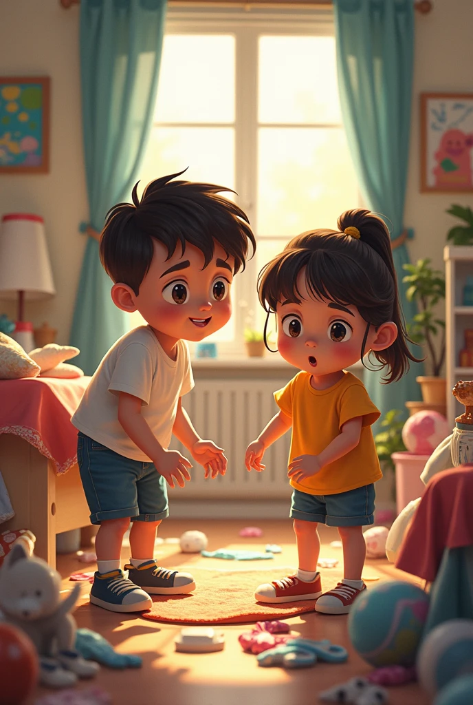 Children tidying up their messy room