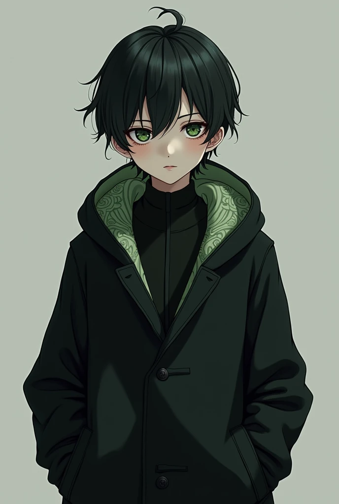 Best quality, high detailed, 8K quality, 4k resolution, Full body japanese boy, Green iris,Black short hair,Dark circles,Black coat paired with a black fantasy-style inner lining,Hands in pockets,Poker face