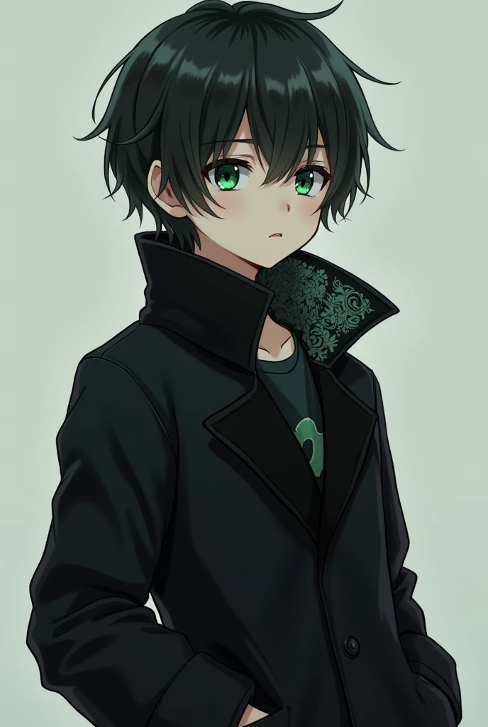 Best quality, high detailed, 8K quality, 4k resolution, Full body japanese boy, Green iris,Black short hair,Dark circles,Black coat paired with a black fantasy-style inner lining,Hands in pockets,Poker face
