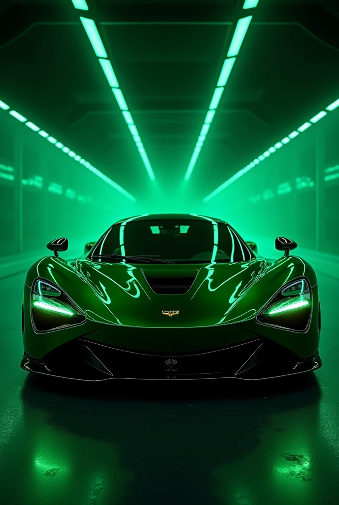 "Create a video that begins with a close-up of a luxurious emerald green sports car parked in a dark, sleek garage. The car's headlights flash on, casting a striking green glow across the space. As the camera circles the car, the body begins to shimmer and transform, revealing intricate gold detailing along the edges. The video then shifts to the car speeding through an emerald green-lit tunnel, with the green lights reflecting off its surface, creating a hypnotic, high-energy visual effect. The video ends with the car coming to a smooth stop, the logo 'Emerald Zade' illuminated on the car's rear as the camera fades to black."