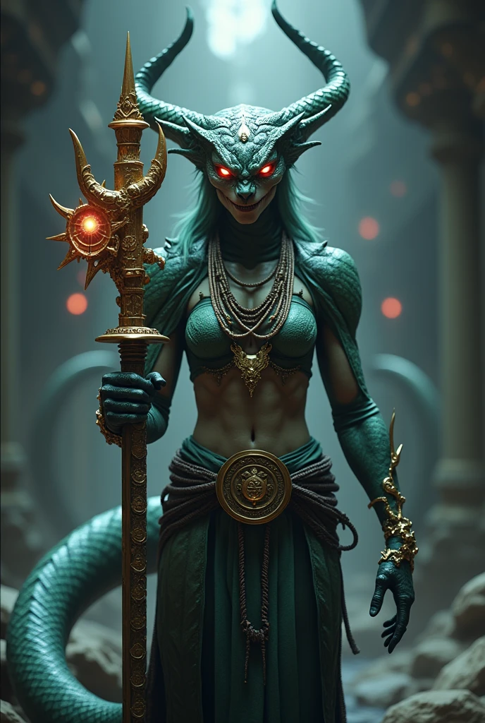 In Cinematic 3D animation style"The fierce Nagin (serpent woman) guarding the Maha-astr (Rakt Vajra), her eyes glowing with power"