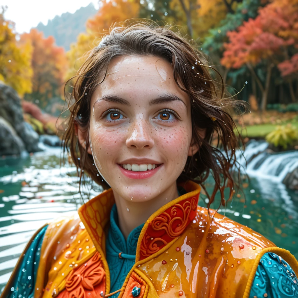 (GeGe:1.5), (woman), (brunette), (brown eyes), (freckles:1.5), score_9, score_8_up, masterpiece, best quality, autumn outfit, outdoor,upper body, colorful autumnal clothes, ((fully clothed)), warm clothes, wet clothes, soaked, drenched, excited, wet hair, wet and slimy, water up to her chest, submerged, fantasy environment, fantasy chinese environment ,fantastical, vivid colors, varied poses