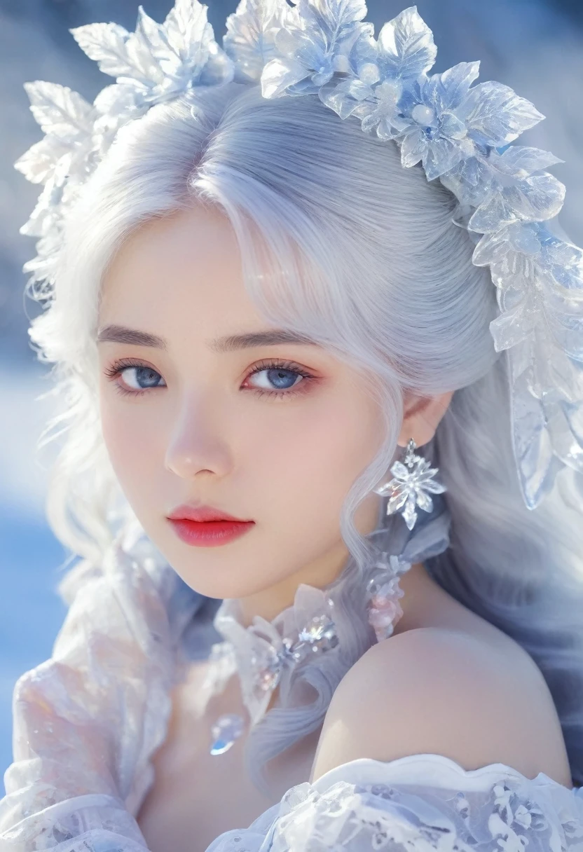 1girl,(Snow,Ice),snowflower,In winter,White hair,Shiny hair,Wavy hair,Transparent clothes,frilld,Lace,Wet clothes,Off_Shoulder,hair scrunchie,Masterpiece,Telephoto lens,absurderes,Exquisite facial features,