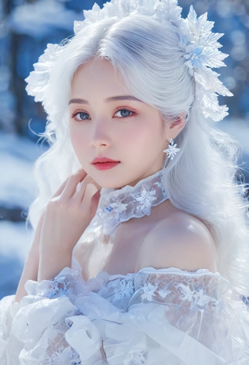 1girl,(Snow,Ice),snowflower,In winter,White hair,Shiny hair,Wavy hair,Transparent clothes,frilld,Lace,Wet clothes,Off_Shoulder,hair scrunchie,Masterpiece,Telephoto lens,absurderes,Exquisite facial features,