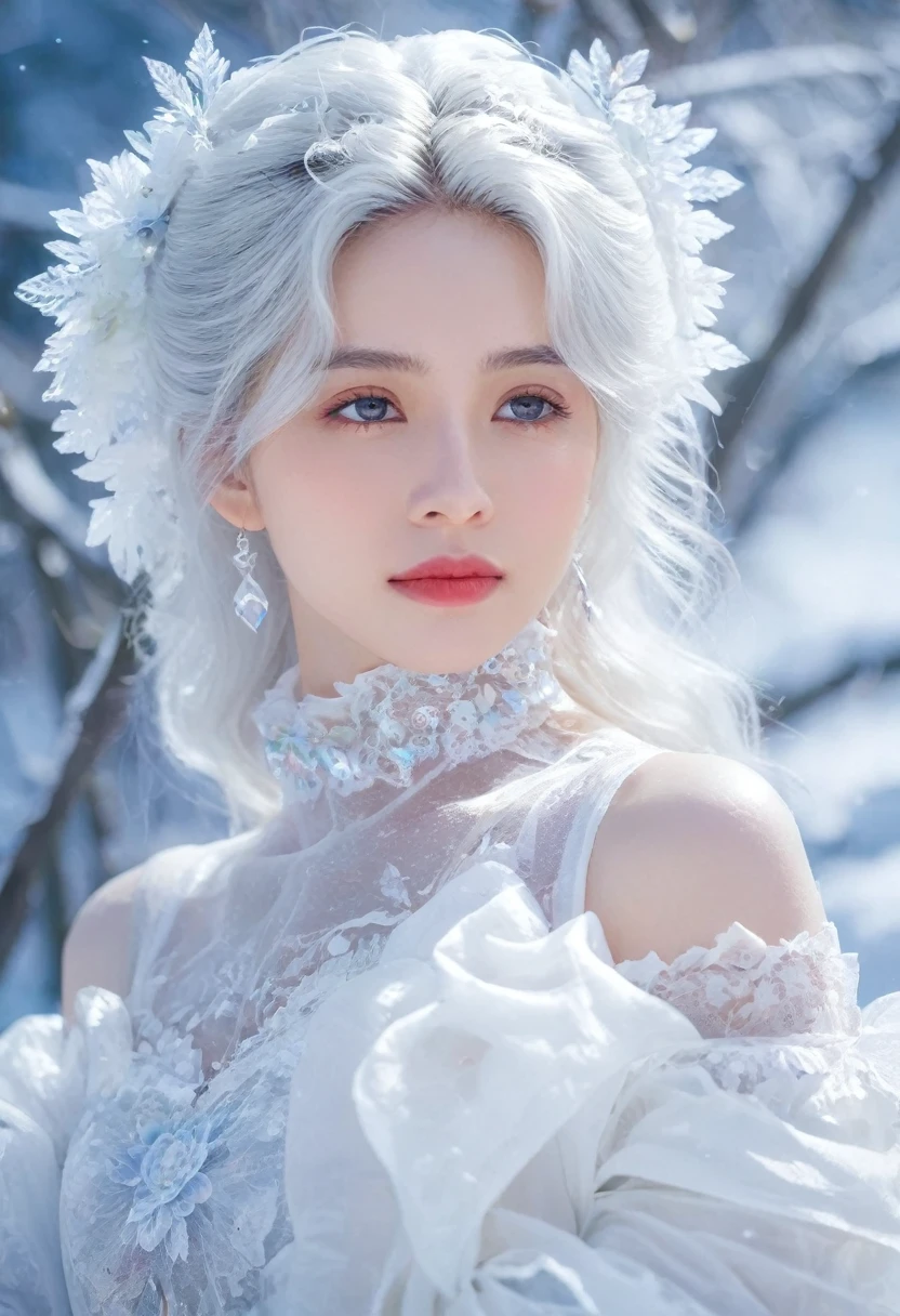 1girl,(Snow,Ice),snowflower,In winter,White hair,Shiny hair,Wavy hair,Transparent clothes,frilld,Lace,Wet clothes,Off_Shoulder,hair scrunchie,Masterpiece,Telephoto lens,absurderes,Exquisite facial features,