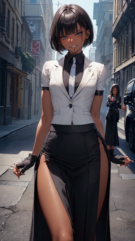  (masterpiece:1.2), highest quality, High resolution, unity 8k wallpaper, (fine and beautiful eyes:1.6), highly detailed face, perfect lighting, Detailed CG, (perfect hands, perfect anatomy:1.3), (1 femmale:1.4), (20 years old femmale:1.4),( black hair:1.3), extremely beautiful detailfeminine face and eyes, (evil smile:1.3), detailed eyes, best quality,( dark skin:1.8), extremely detailed, very precise detailed,(glasses:1.3), (blunt bangs:1.3), open mouth, (very short hair:1.4),(fingerless gloves:1.5), (half closed eyes:1.5),(business suit:1.6),boots,(flat chest:1.4),(cigarette in mouth:1.2),open stance,(long skirt:1.6),(long skirt in slit:1.6),(crossed_legs:1.3), 