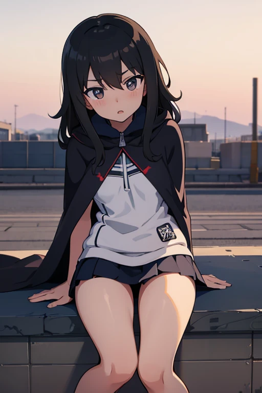 Under the dimly lit bridge under the viaduct elementary school girl 8-year-old flat chest black hair long hair eyes are purple ((1 person)) black hoodie with upper body hood Lower body white miniskirt((white panties)) black socks sneakers squatting down fluttering hair dynamic angle Low angle from the front