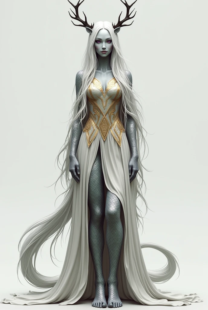 A woman with antler. She has no ears. She has no mouth. She has long white hair. Her skin is silver. Purple eyes. White and gold dress. Scaled arms and legs. Her feet look like horse hooves. She has long tail.