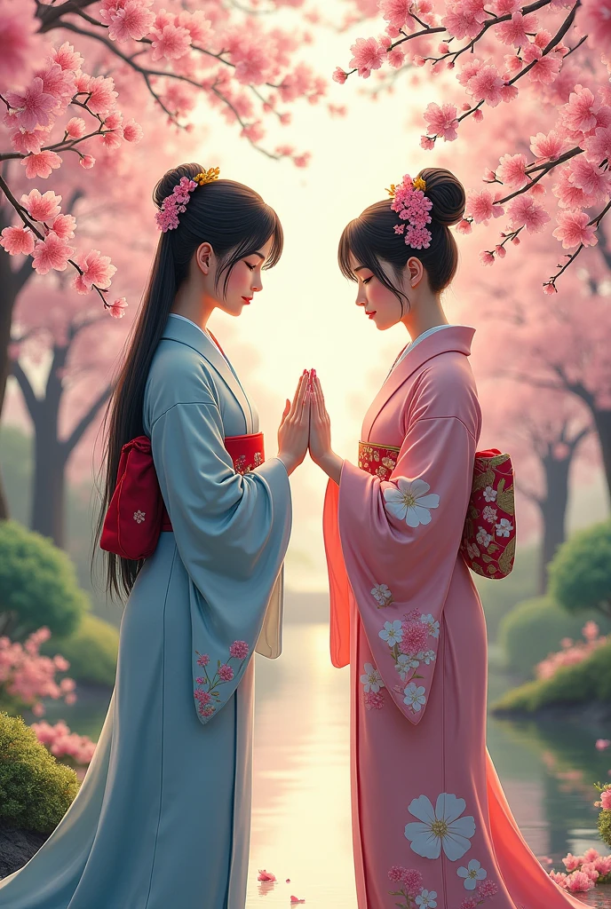 Can you give me like Japanese girls greeting each other by bowing while they wearing their traditional costume and behind them in the background is the sakura and beautiful trees