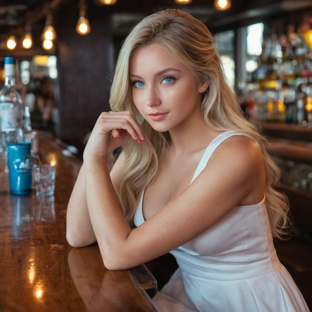"A photorealistic picture of a 25-year-old American girl with long, medium size breast, medium size ass, tiny attractive nose, flowing blonde hair and blue eyes with wearing white dark dress. She should have a natural, approachable expression and be illuminated by soft.Instagram photo. She is sitting in the bar, rock bar, her hands are not captured in the photo, Capture this image with a high-resolution photograph., cleavage
