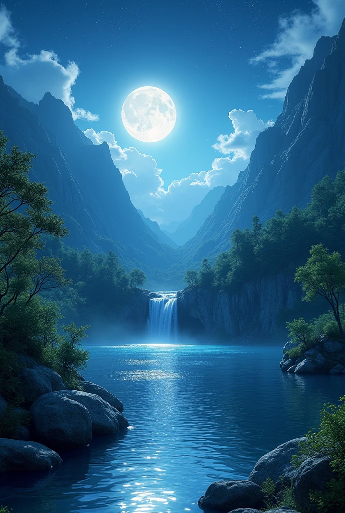 (photorealism:1.2), an outdoor lake in the forest, under the moonlight, and sky with dazzling stars, beside it a waterfall falling from the two mountains
