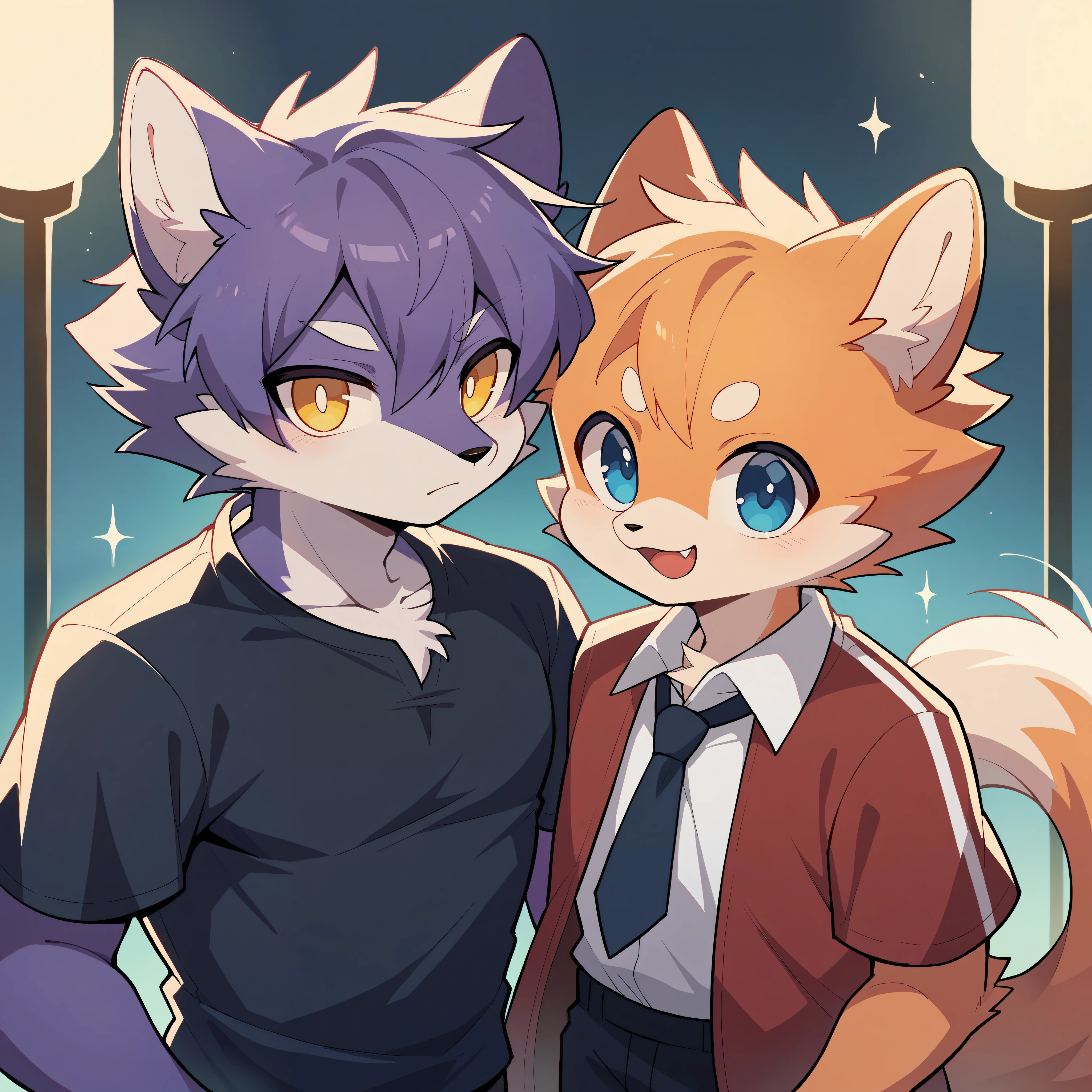 hairy, Purple fur, Super cute face, Purple elements on fur,Yellow eyes,and an orange fur,Blue eyed wolf, Beautiful lighting and shadows, Ambient Light, Extremely fine fur, wearing clothes,Volumetric Light,Separate one!!!,avatar,male!!!,Draw only the head,Two people!!!!,male!!!,male!!!,male!!,Two people standing together