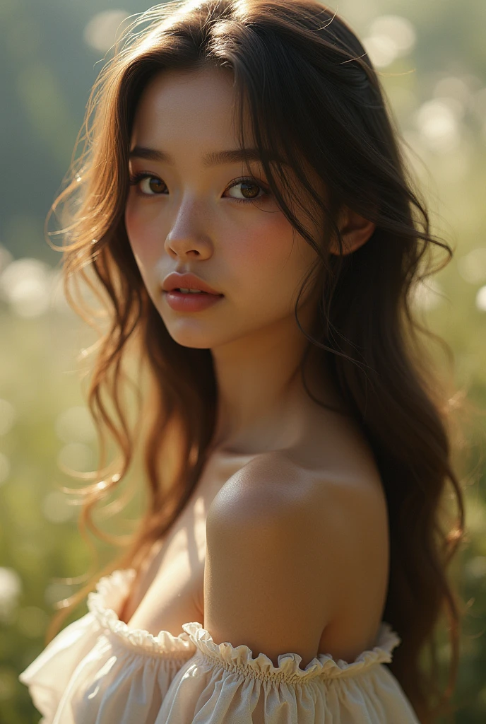 Woman, americana, age 25, pale skin, delicate nose, soft and delicate lips, far away, waist-length wavydark blonde hair, sweet smile,