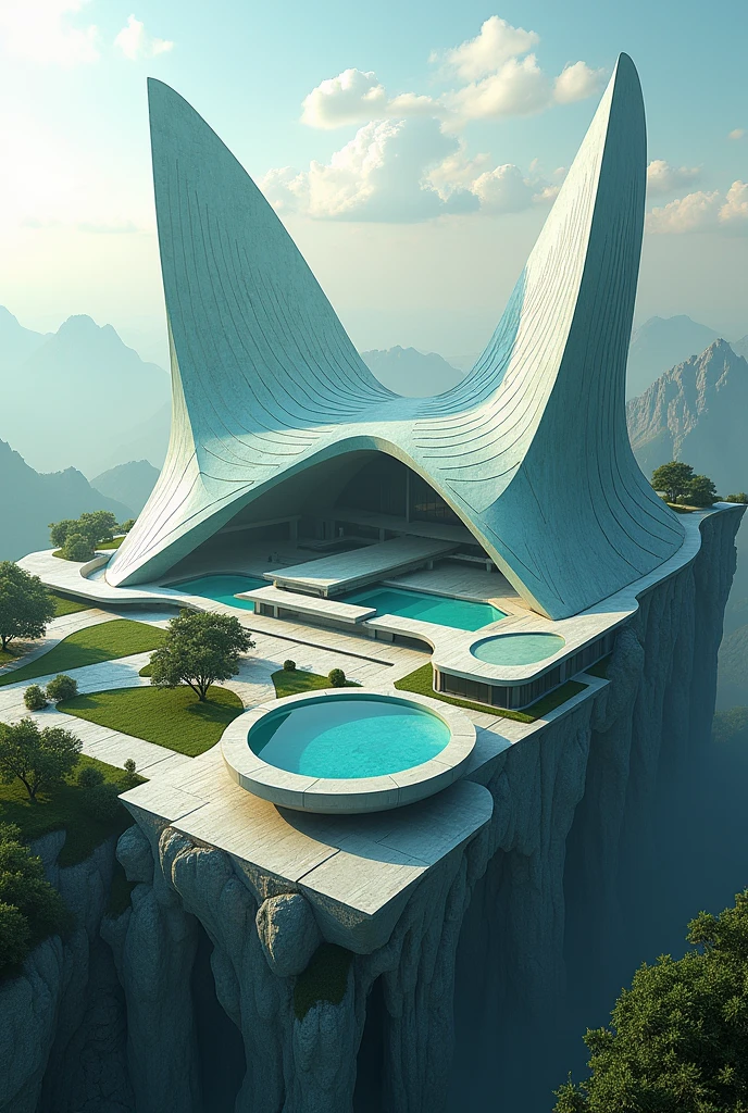 realistic image of government buildings. very large on a plateau, the parametric building design is shaped like the wide spread wings of an eagle. Magnificent parametric architectural design, there is a fountain pool in the front yard. the color of the building is bluish green. drone view. artistic. elegant