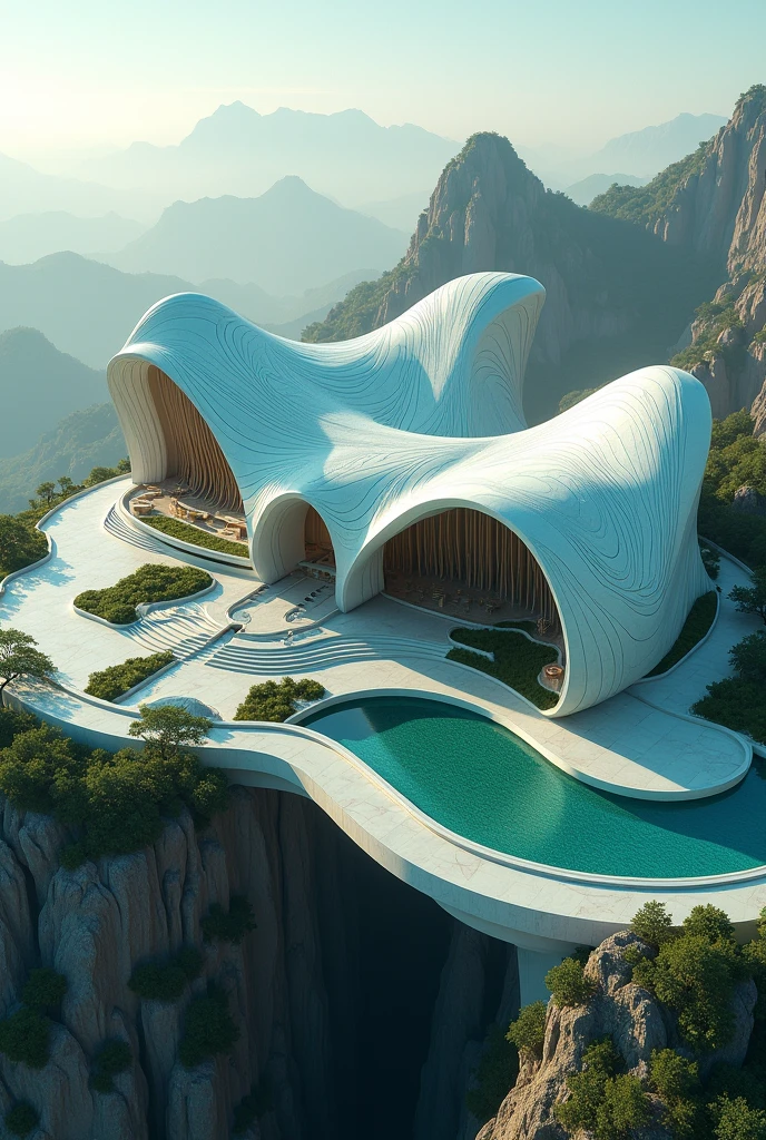 realistic image of government buildings. very large on a plateau, the parametric building design is shaped like the wide spread wings of an eagle. Magnificent parametric architectural design, there is a fountain pool in the front yard. the color of the building is bluish green. drone view. artistic. elegant