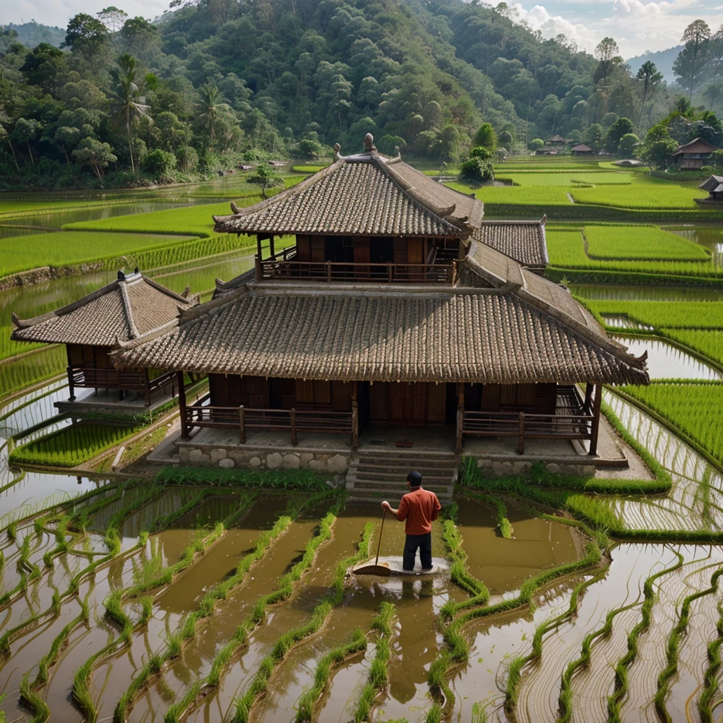 Indonesian traditional house design in the hills full of rice fields, realistic, 4k, photography, detail, a man planting paddy rice