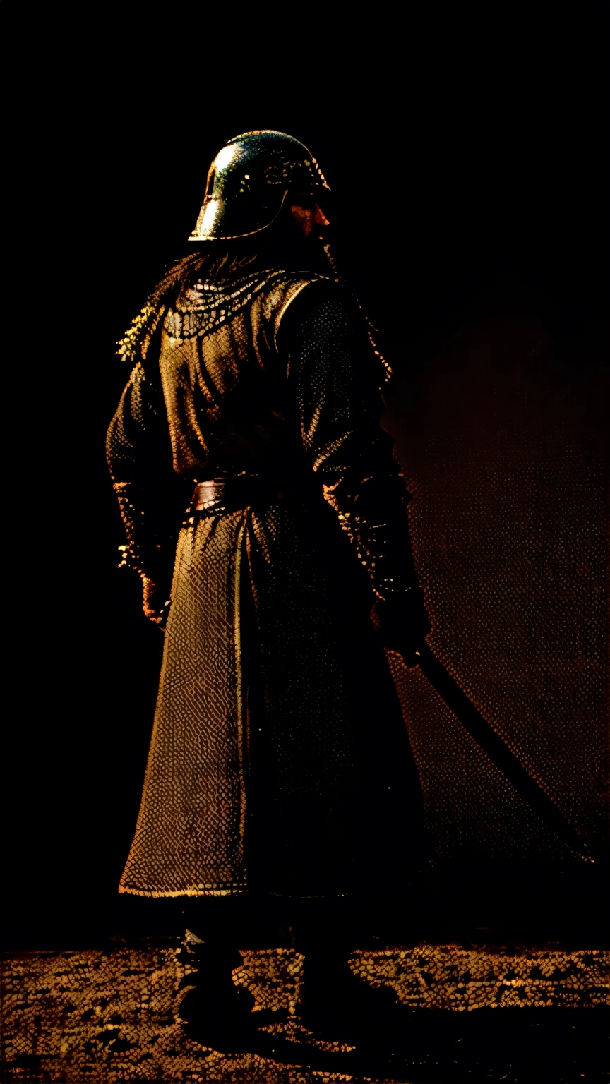 Day time, bright,4k, a general standing with his back towards the picture, medieval period, back view, detailed , there is a man in a helmet and a semi long beard holding a sword, arab mamluk general, picture of an adult male warrior, from three kingdoms, inspired by mamluk dynasty, beautiful render , muslim