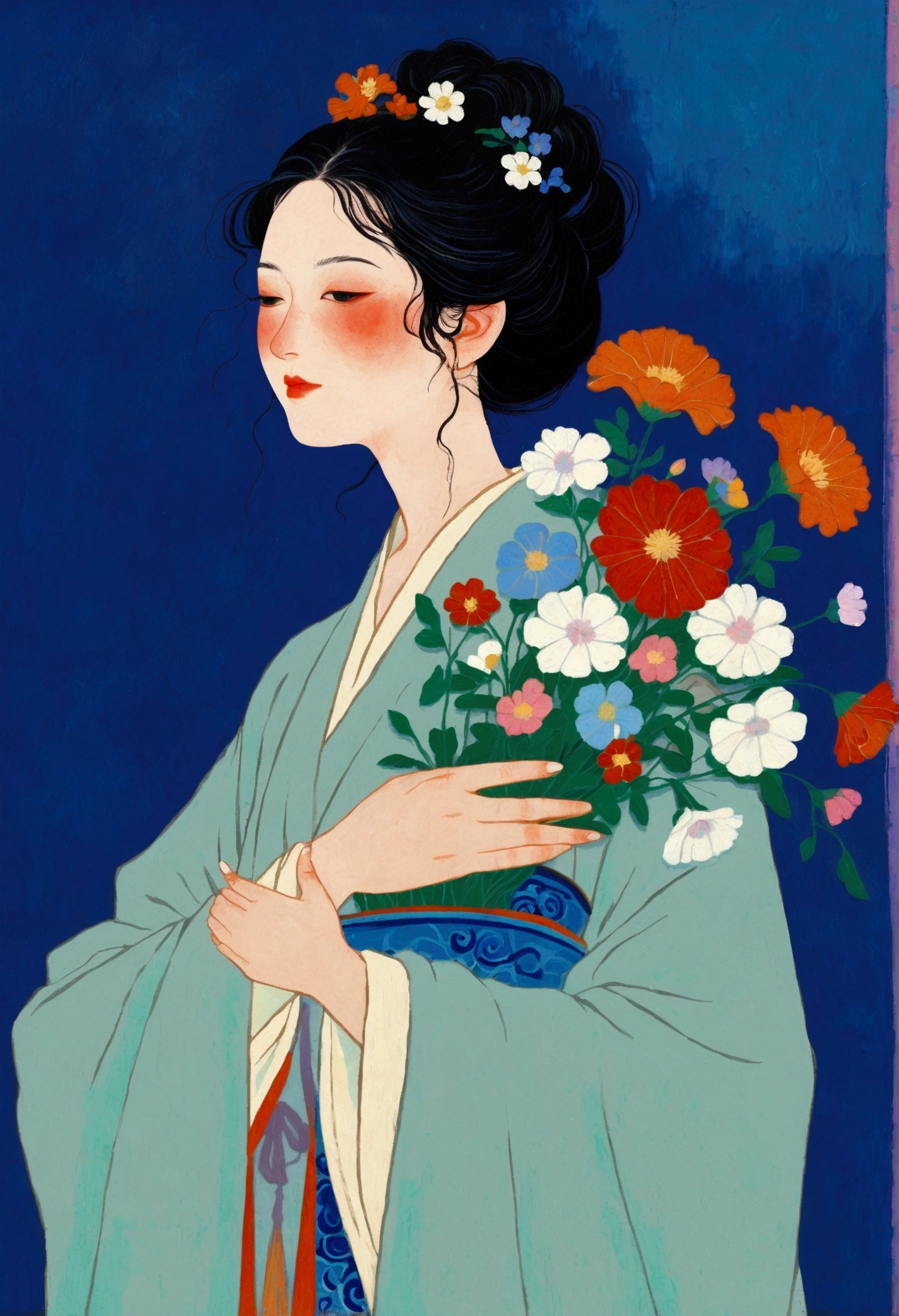 A painting,A woman holding a bouquet of flowers, Kose Kanaoka(Kose Kanaoka)Minimalism, Popular trends on pixabay, Cloisonnism,Holding flowers, With blue background, Bring flowers, Flowers grow from the body, Blue loose robe
