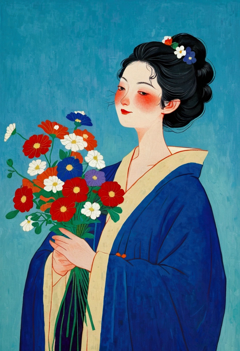 A painting,A woman holding a bouquet of flowers, Kose Kanaoka(Kose Kanaoka)Minimalism, Popular trends on pixabay, Cloisonnism,Holding flowers, With blue background, Bring flowers, Flowers grow from the body, Blue loose robe