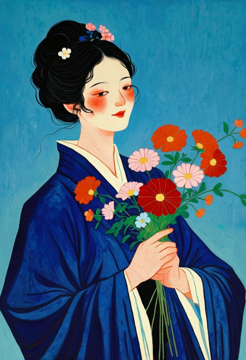 A painting，A woman holding a bouquet of flowers, Kose Kanaoka（Kose Kanaoka）Minimalism, Popular trends on pixabay, Cloisonnism,Holding flowers, With blue background, Bring flowers, Flowers grow from the body, Blue loose robe