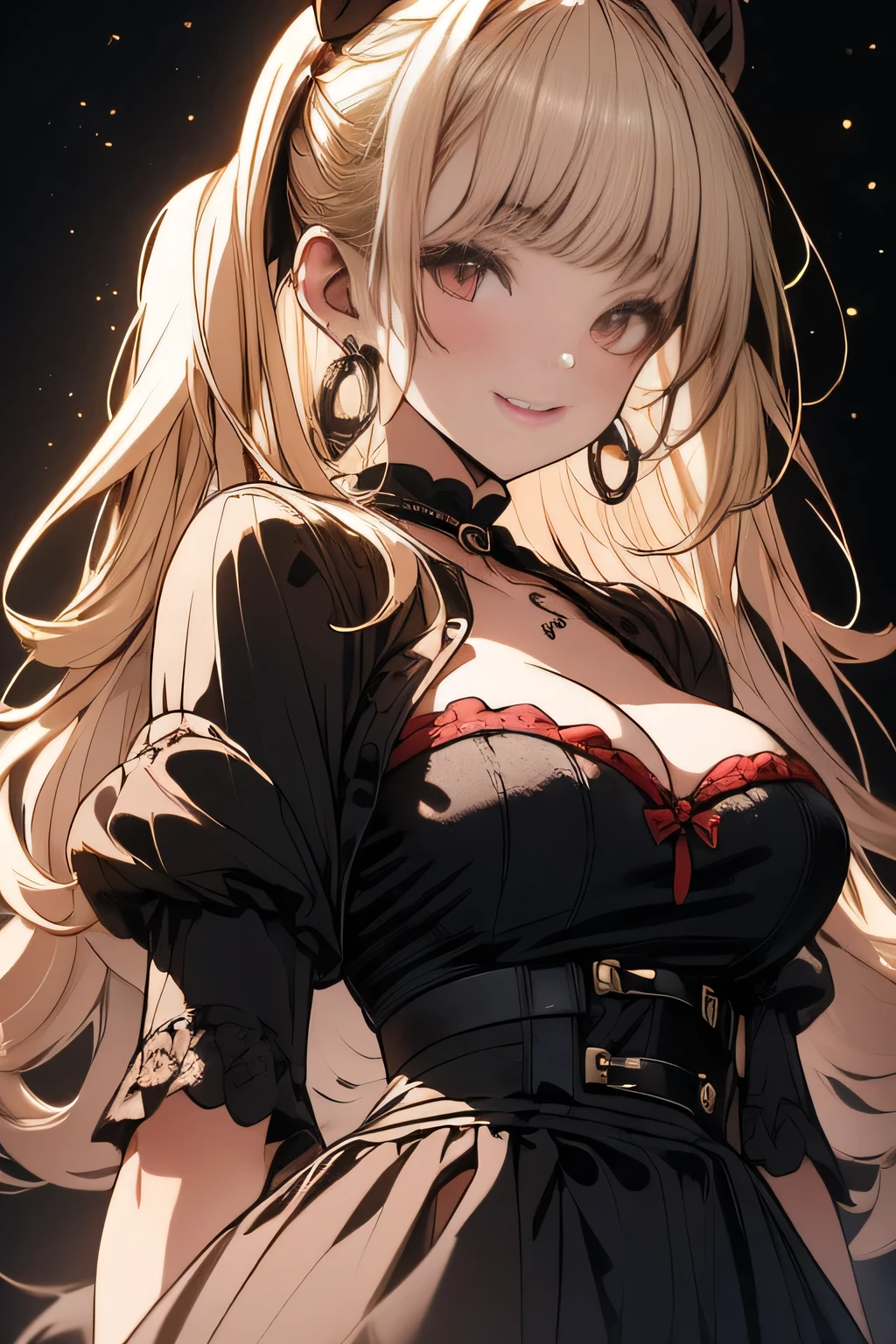 (8k,High resolution,masterpiece, accurate, Anatomically correct, Winner of numerous awards, 最high quality, High-resolution model, high quality, High detail, Very detailed:1.3)One person,Big eyes,Drooping eyes,Blushing,Hilda Hopes, smile,View your viewers, Hair Bun,blonde,Twin tails,dress, Red gloves, boots, Hoop Earrings,Large Breasts, (Cleavage)