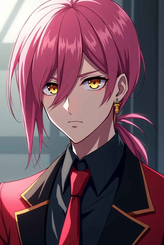 D.gray man,Exorcist, pink hair, gold eyes, right earring shaped like a stick, low ponytail, left side parted,Handsome, man, sharp eyes, slender face,Small eyes,Tall