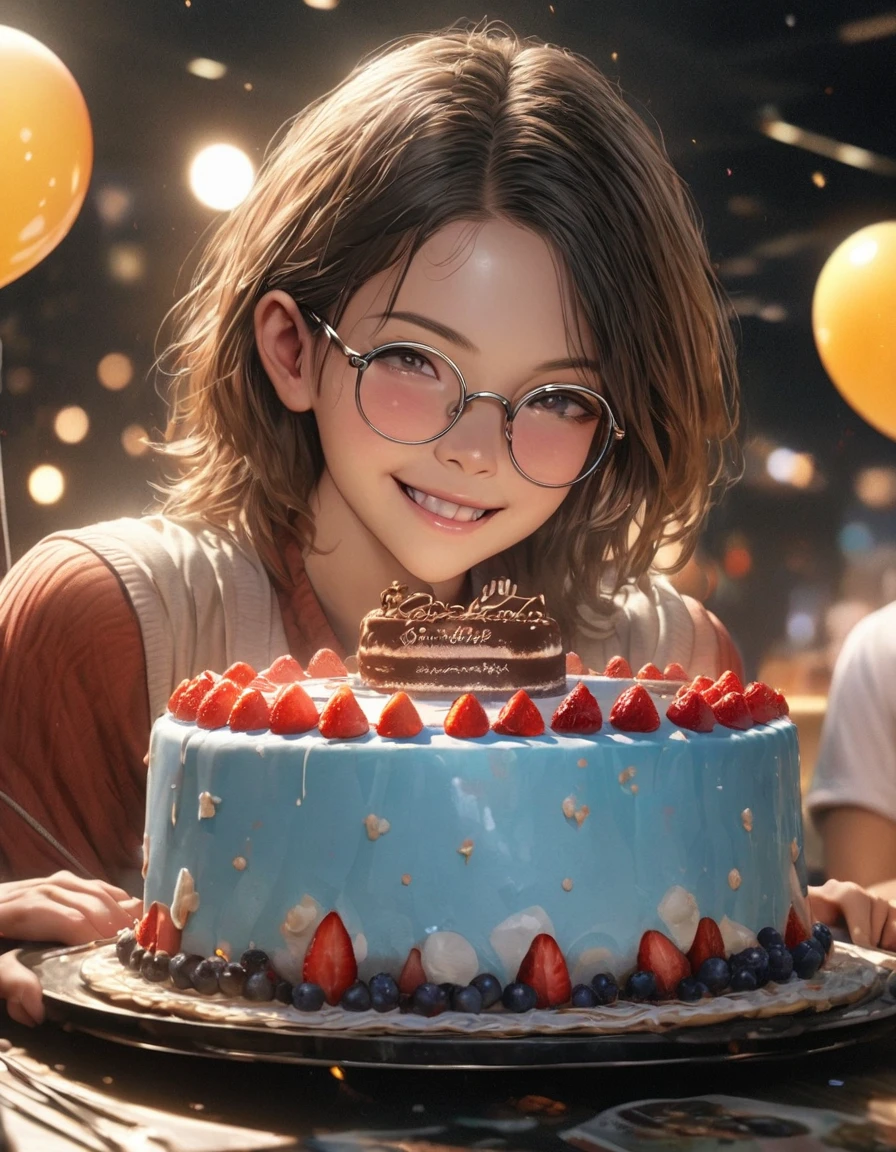 a cute boy with white short hair, wearing glasses, smiling, (((big cake))), focus on the detailed face, balloon background, best quality, 4k, 8k, highres, masterpiece:1.2, ultra-detailed, realistic, photorealistic, photo-realistic:1.37, HDR, UHD, studio lighting, ultra-fine painting, sharp focus, physically-based rendering, extreme detail description, professional, vivid colors, bokeh