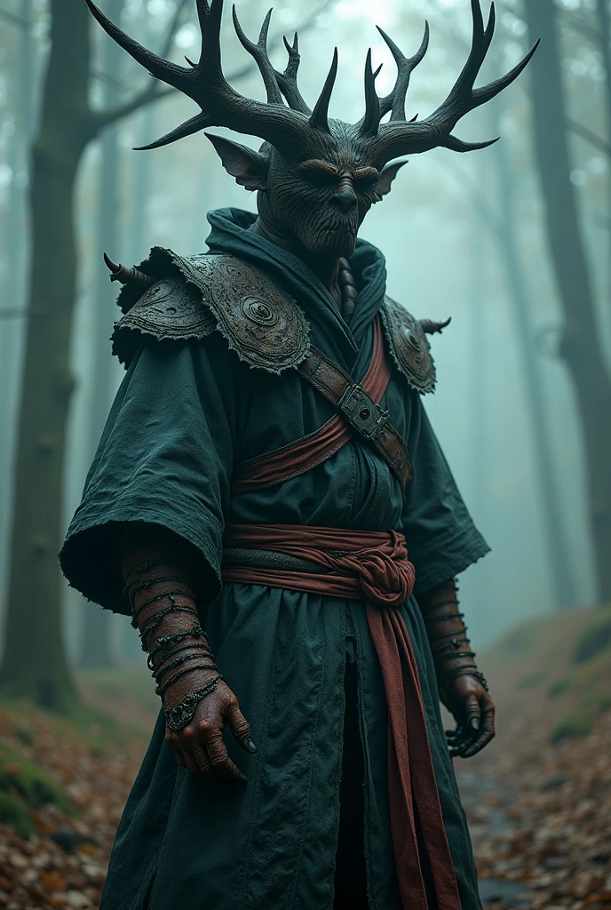 (Mokujin the Oak Man is a Tekken character). full length view. Best quality. visual fashion, gothic. Yoshitaka Amano, Quentin Mutch, colorful fog. Hannah's Daughter, fantasy art, megapixels, 8k hdr resolution; Volumetric lighting", surreal hallucination, Complex detail, Sharp focus, Wind, Fujifilm, bokeh.