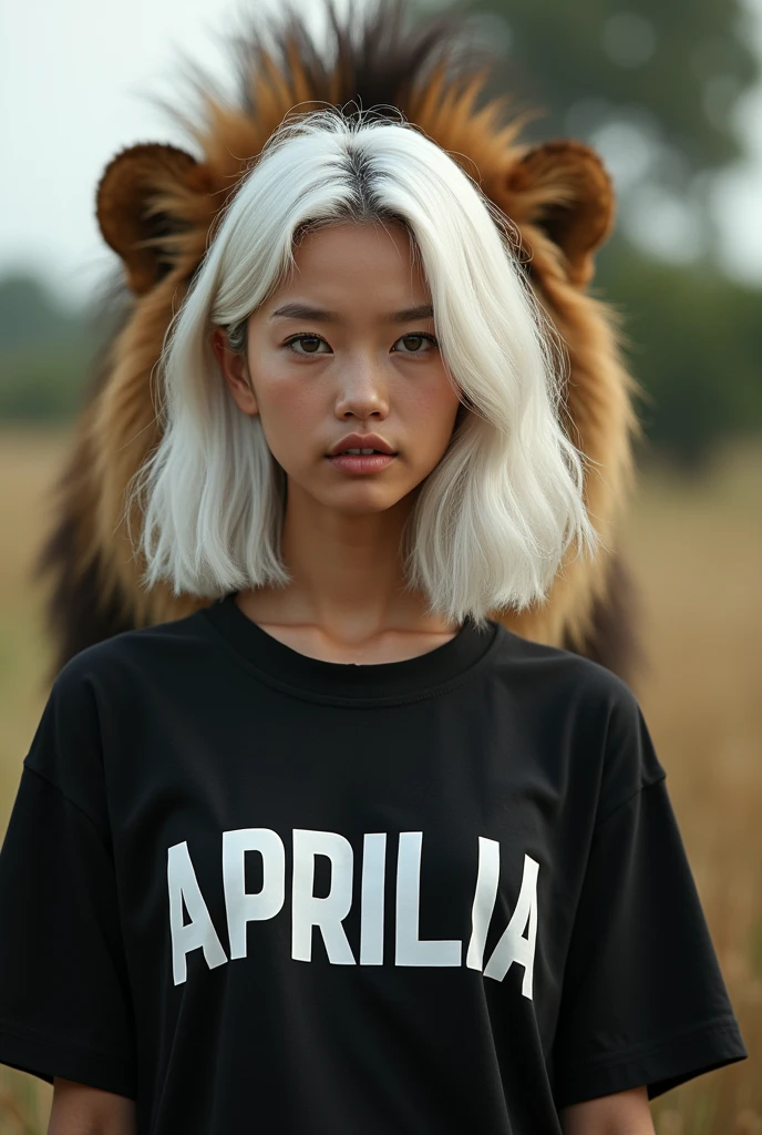 A 17 year old Indonesian woman with shoulder length white hair, wearing a black t-shirt.featuring "APRILIA", on his clothes.kissing a lion,best visuals, 16k, HD, best rural scenery blur background.