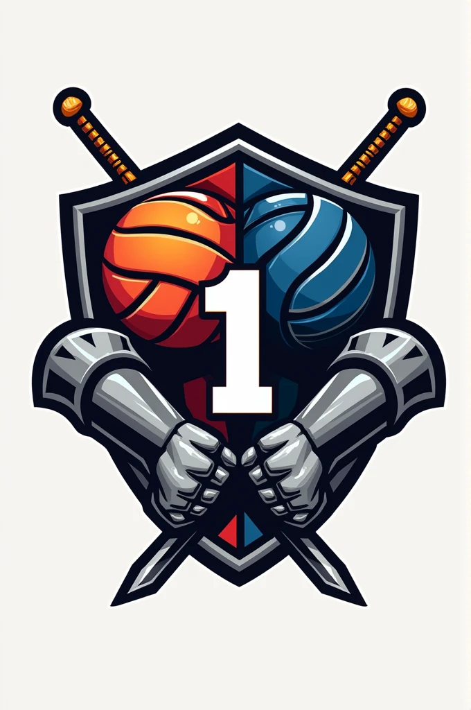 Create a team logo entitled MNP KNIGHTS in that logo there's a 1 ball and the half side is for volleyball and the other side is for basketball. The design is two hands with swords and a shield