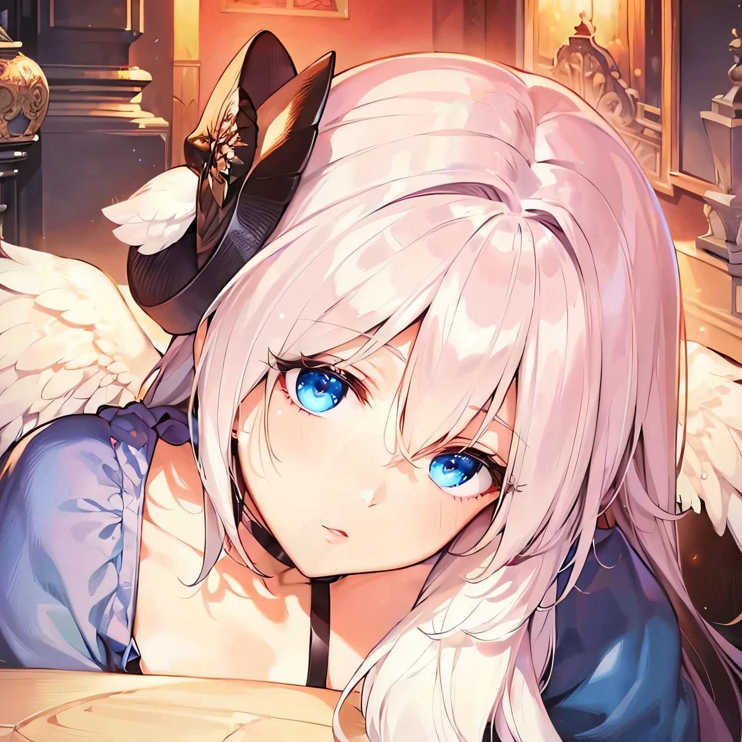 ((best quality)) ((masterpiece)) ((good proportions)) Female angel with big white wings, long straight dark brown hair, sky blue eyes wearing light white dress, face zoom