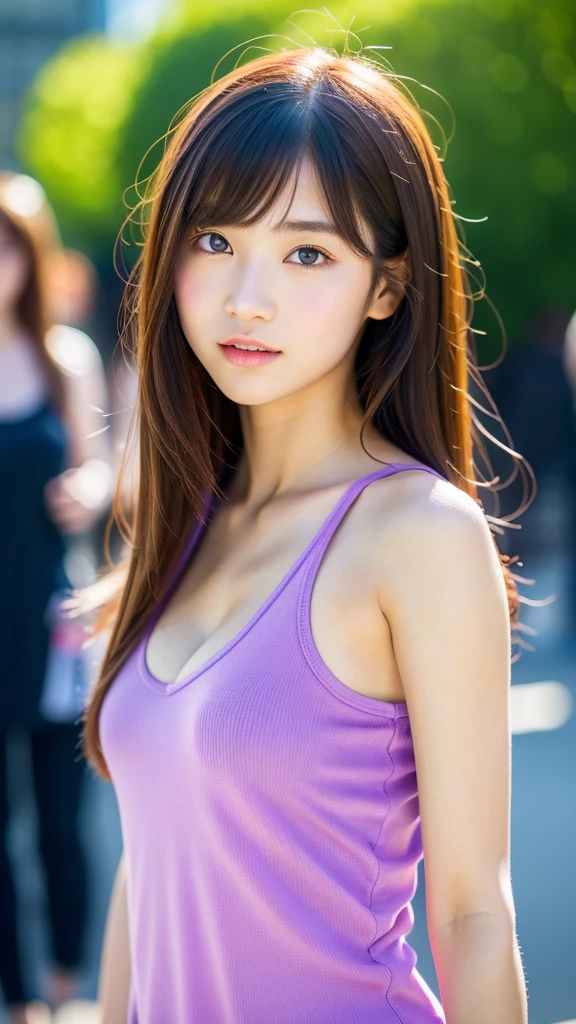 (best quality, 8k, 32k, masterpiece, UHD:1.2), ultra high resolution, extremely detailed, (cute idol face Korean age girl), (13 y), solo, long shot, perfect female body, beautiful detailed eyes, semi long brown fluffy hair, bangs, (wearing purple tank-top), large breasts, cleavage, (crowded city boulevard on a bright sunny day:1.3), perfect professional lighting, (detailed background:1.5)