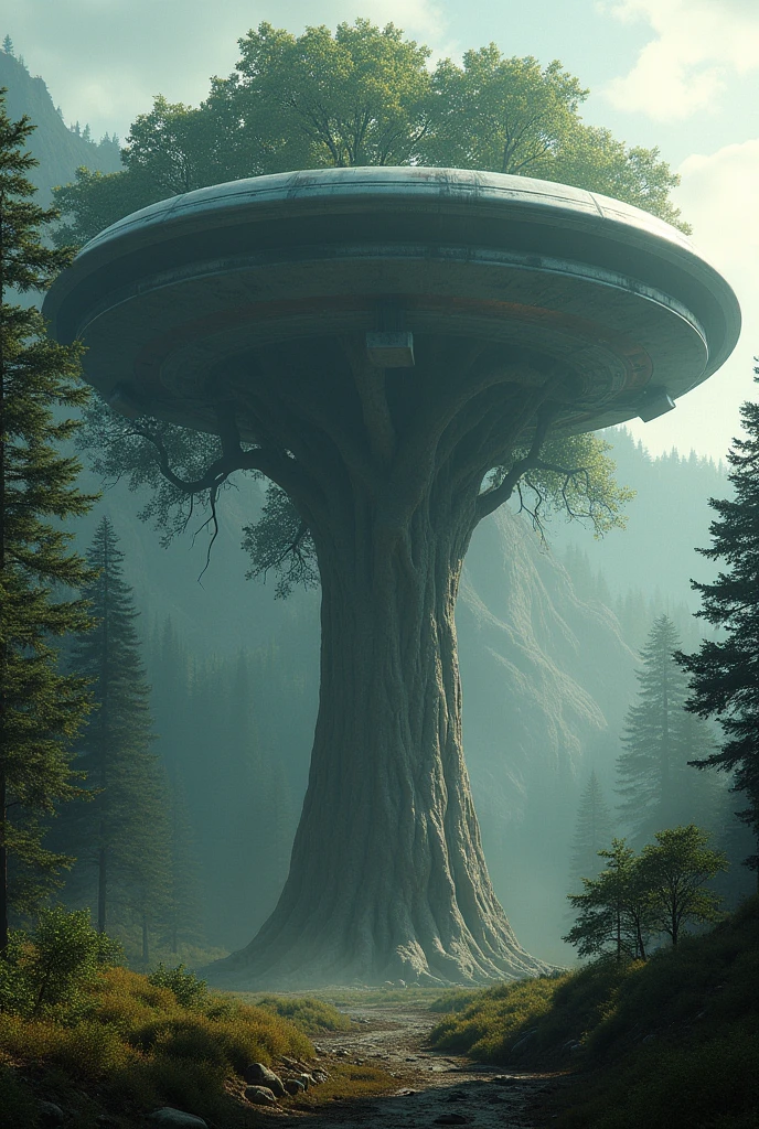 A UFO is hitting on a big tree