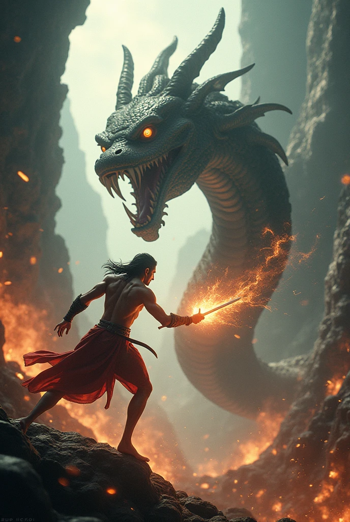 In Cinematic 3D animation style"Arjun and the Nagin engaged in an intense battle, with Arjun using his agility to dodge her attacks"