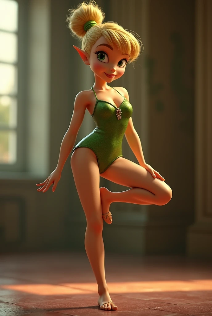 In the limelight of Artstation, a masterpiece of a 3D rendering emerges, showcasing the seductive character Tinker Bell. Her high-detailed skin glows with a radiant sheen, each pore meticulously textured, reflecting the vibrant colors of the surrounding environment. Her face, equally detailed, reveals every curve and contour, her expressive eyes gleaming with mischief and allure. Tinker bell's provocative outfit clings to her body, accentuating every sexy curve. Her high-definition skin is a trending sensation, a testament to the artistry and realism of advanced 3D modeling. Caught in a soft focus, sharp, fit skinny body in doggystyle position, inside an opera doing yoga

