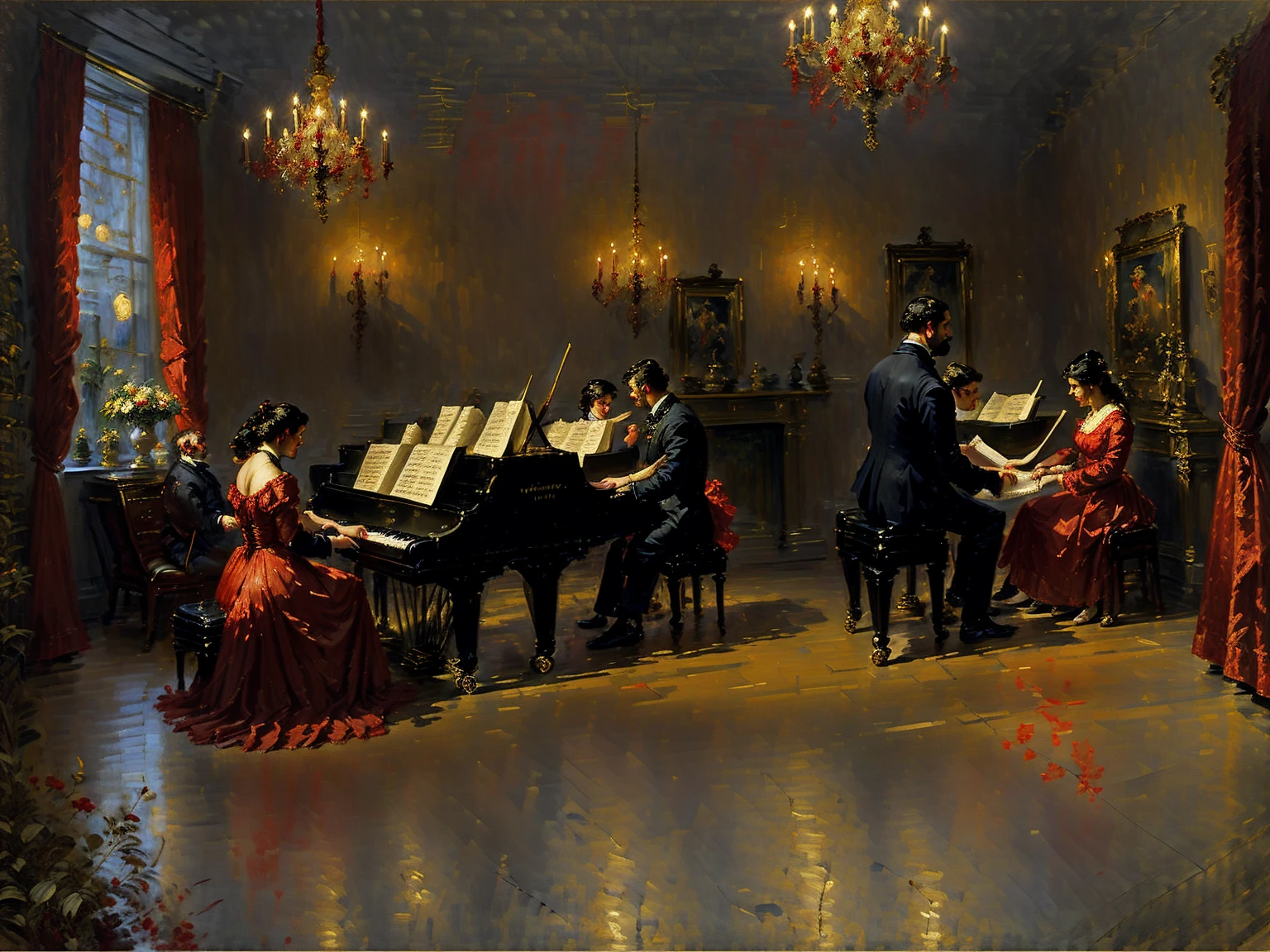 painting of a man and woman playing a piano in a red room, virtuosic painting, by Antonio Ciseri, by Robert Peak, by Morris Kestelman, inspired by Antonio Ciseri, by Alexander Mann, pianist, inspired by Franz Xaver Winterhalter, classical artwork, krenzcushart, elegant oil painting, by Harrington Mann, masterful composition!!!