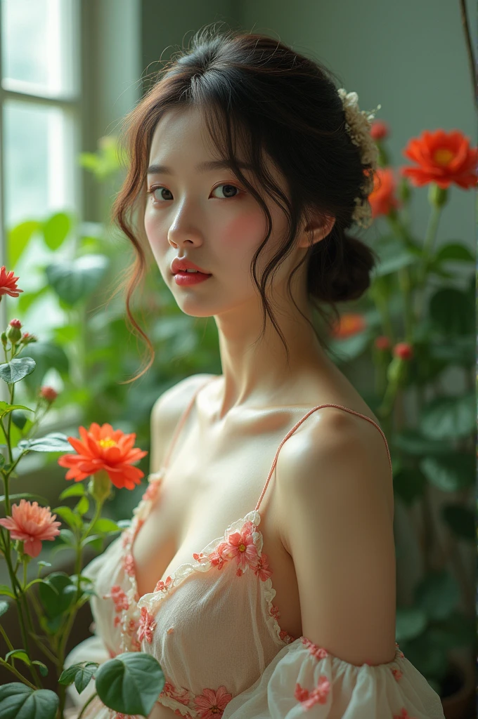 In a lush indoor garden、A Japanese woman is wearing a floral sheer top、A close-up of her breasts and soft flowers in the background、Creating harmony between nature and beauty。