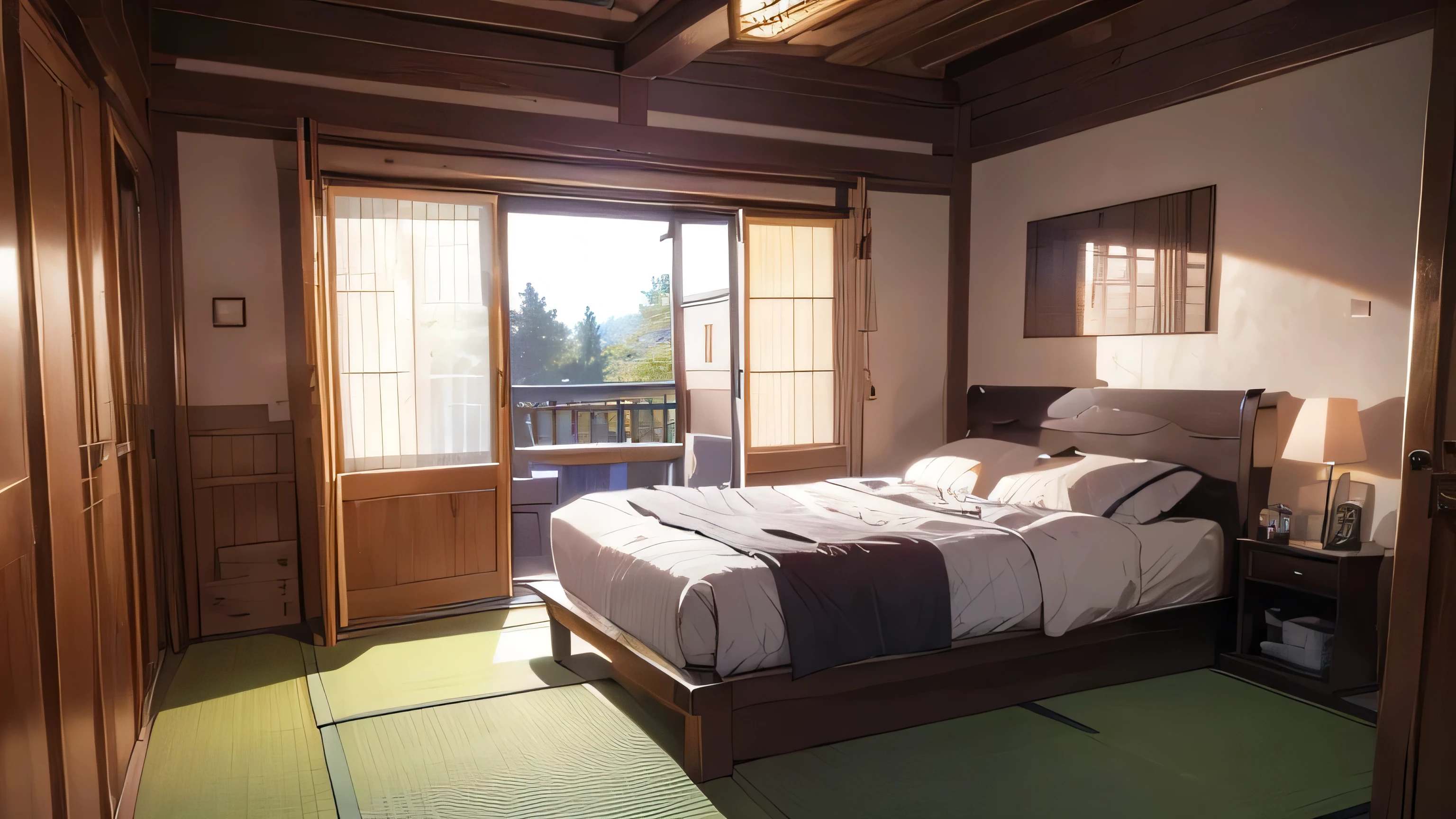 (8k, best quality, masterpiece:1.2), (realistic, photo-realistic:1.37), ultra-detailed,japanese bedroom,no character, bed side view,night,indoor,