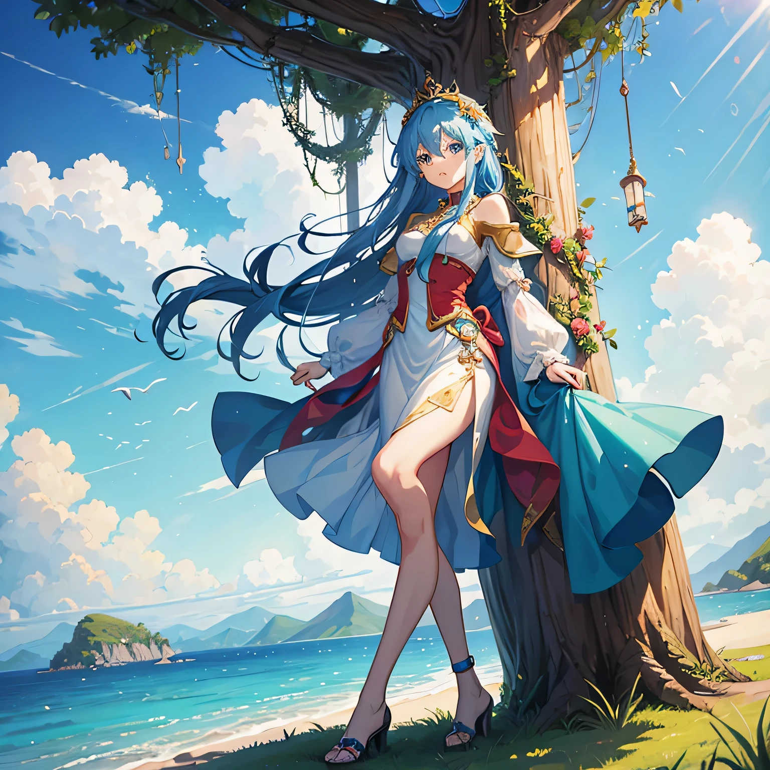 queen zeal, chrono trigger, island background in the sky, Floating island scenery, raining, 1 girl, , hair blue, hypdertailed, goddess clothes