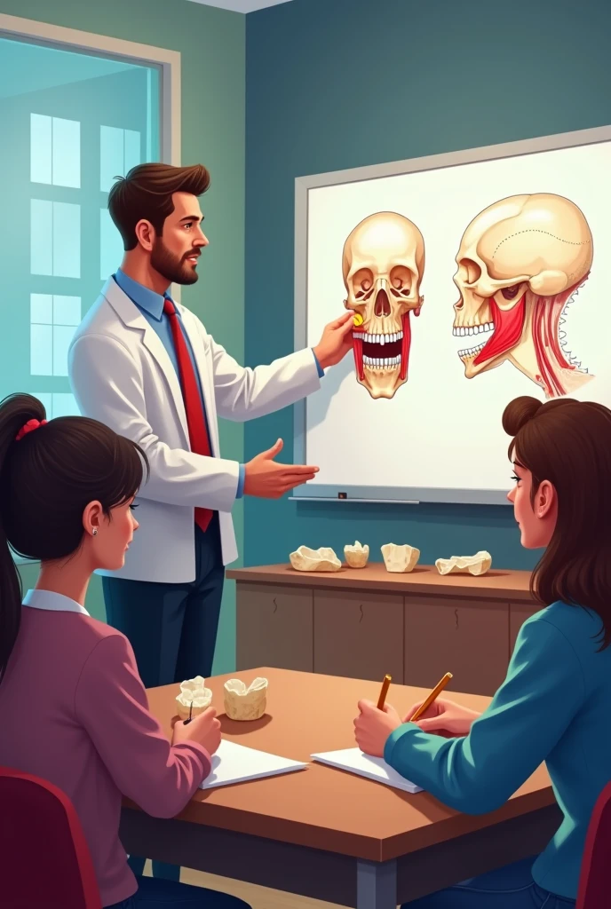 A teacher is standing in front of a classroom, explaining to students the dysfunctions related to the lateral and medial pterygoid muscles. into the image, the whiteboard displays a detailed diagram of the human jaw, specifically highlighting the lateral and medial pterygoid muscles. The teacher points to these areas as he speaks., with a focused expression. The students observe carefully, with some taking notes and others consulting anatomical models of the jaw at their desks. The atmosphere is one of learning, with everyone focused on the explanation.