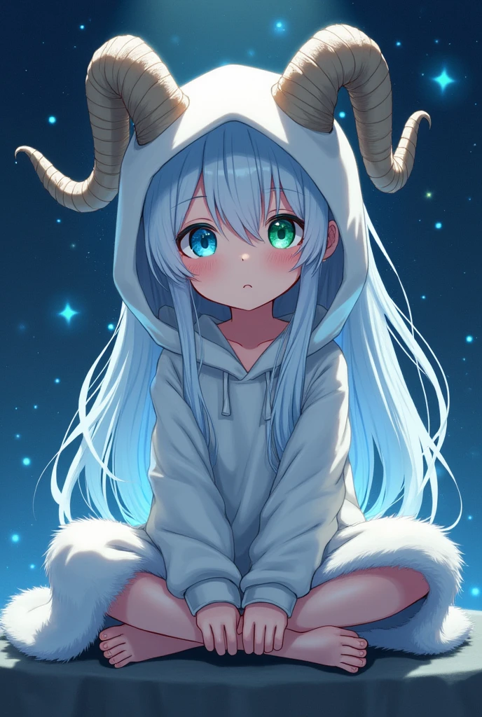 Ram's horn、Long white hair、10 years old、Anime Style、Green and Blue Odd-Eye、Fluffy hoodie、The background is space、A vacant expression、Sitting cross-legged、Hands in front of you、No hood
