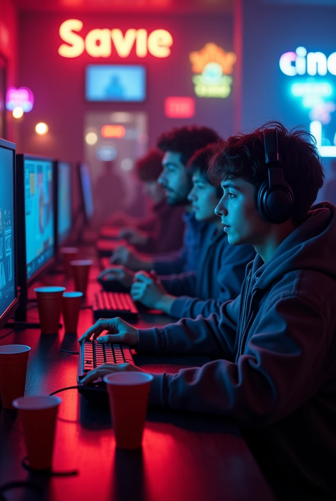 (photorealism:1.1) people playing video games in dark room with red cups everywhere, in a bar with neon lights