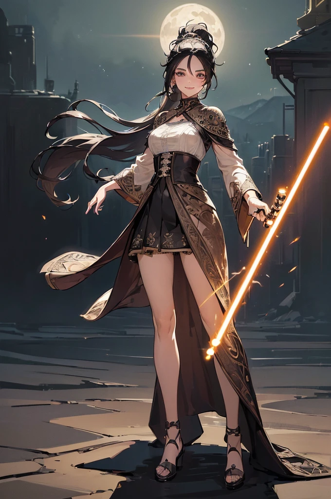 ((((High resolution, Intricate details, masterpiece, 8k)))), (((beautiful, Lightsabers))), ((One Woman, full body, Are standing)), (Black Hair, Long Hair, ponytail, slender), from front, looking at viewer, look at viewer, smile, desert, night, moon,