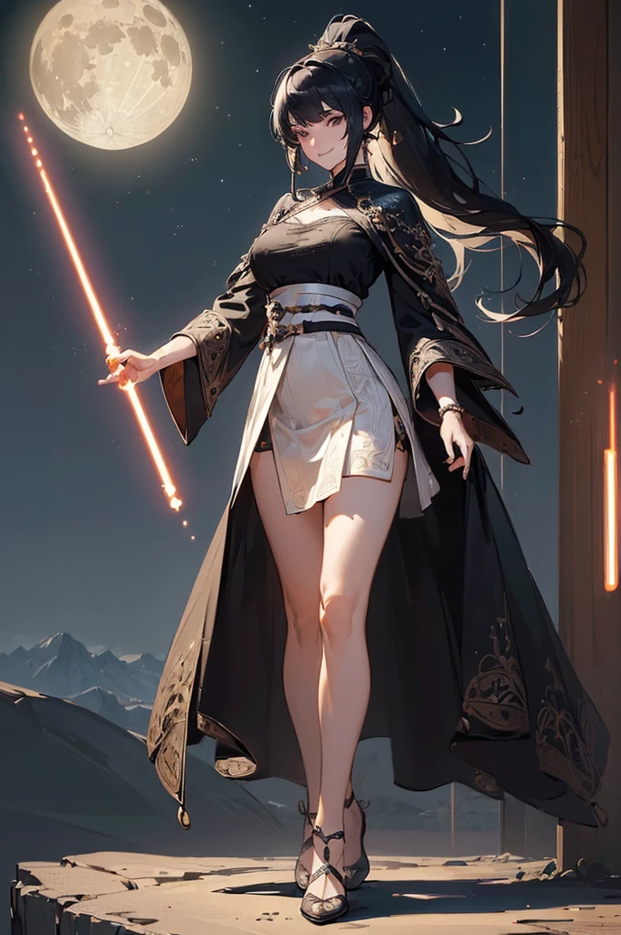 ((((High resolution, Intricate details, masterpiece, 8k)))), (((beautiful, Lightsabers))), ((One Woman, full body, Are standing)), (Black Hair, Long Hair, ponytail, slender), from front, looking at viewer, look at viewer, smile, desert, night, moon,