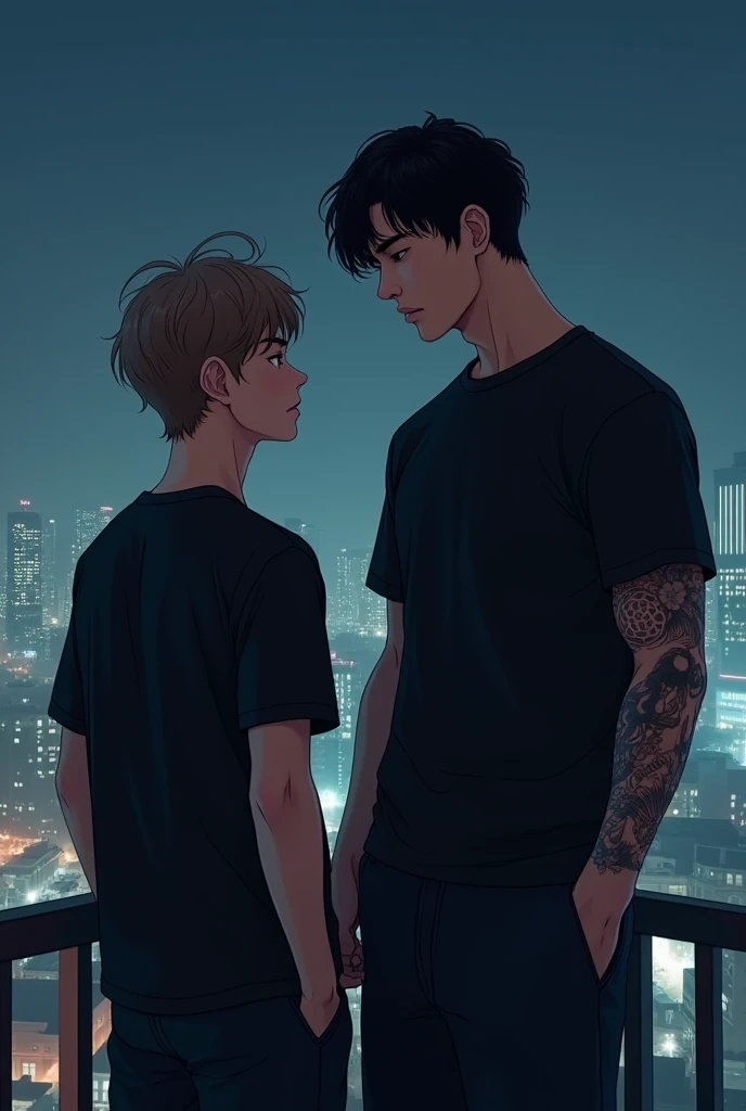 Make me a cover where two guys are on a balcony at a night party, one of them has light brown hair and wavy hair, is thin . The other one has black hair, muscular, you can tell he's taller by a few inches, He is wearing a black shirt and his right arm is covered in tattoos., Only he has them and he is bigger in body than the other one , both of them are Korean men, they are watching the city from the balcony, They are not very close to each other