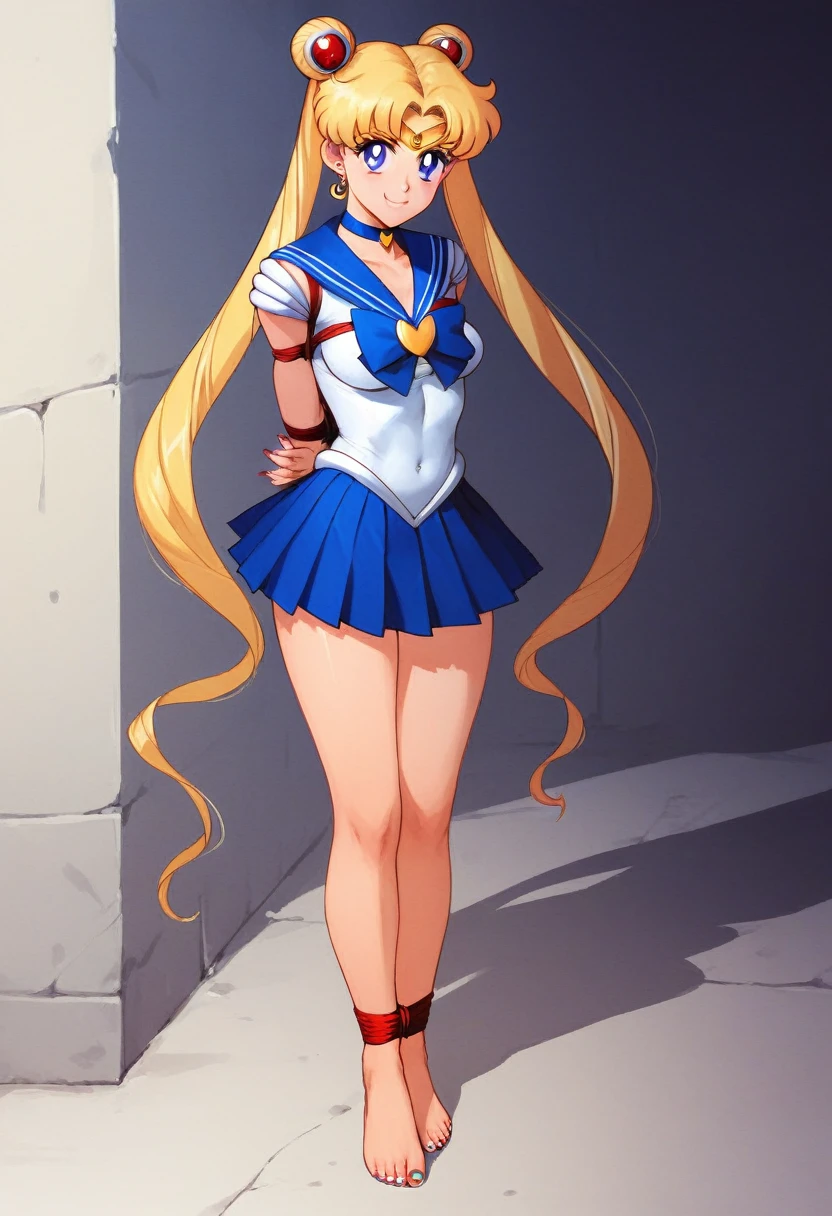 masterpiece, best quality, absurdres, perfect antomy, 1girl, solo, SMMoon, 1990s \(style\), blonde sailor moon, standing, smile, cowboy shot, sailor senshi uniform, sailor collar, blue skirt, ultra mini skirt, ( FULL BODY),(((,barefoot))), 5 toes, black toe nails, Focus full body, tied ankles together, tied arms, solo, on dungeon