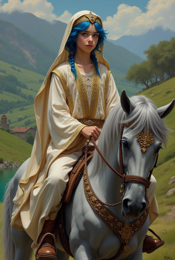 A blue-haired adolescent with violet irises, dressed in Arab clothing, riding a grey horse in the style of Renaissance art.