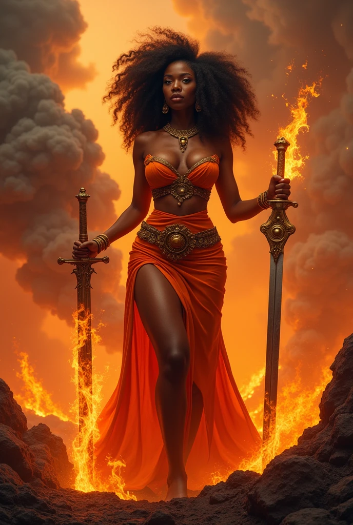 Black woman Orisha, warrioress, curly hair, in the middle of a volcano, orange dress, with a flaming sword raised in his hand, cleavage, thigh, short skirt, sexy