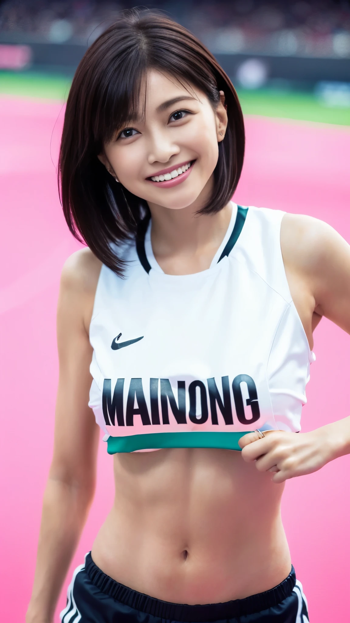 8k、Ultra-high resolution、Highest quality、masterpiece、Realistic、Ultra-high resolution、High-definition RAW color photos、Professional photos、real、photo realistic、Vivid lighting、Natural skin texture、Fine skin、Hyperrealism、Intricate details、Depth of written boundary、Adult women、masterpiece、Highest quality、High Detail、Eye highlights、Lip gloss、((Cute smile、Short Hair、Marathon runner、Definitely an athletics stadium、Be sure to wear a separate white track and field uniform、Always wear black competition bloomers、必ずFull body running pose:1.4))、running shoes、((Be sure to wear high-cut bloomers for competitions.:1.5)),((gigantic breast,A long chest that hangs down quite a bit,Underboob:1.3))